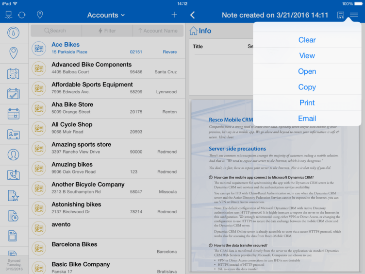 Options for documents and files in Resco Mobile CRM