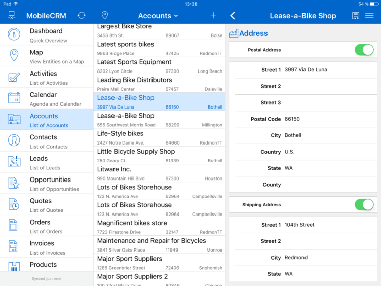Revealed sections in Resco Mobile CRM