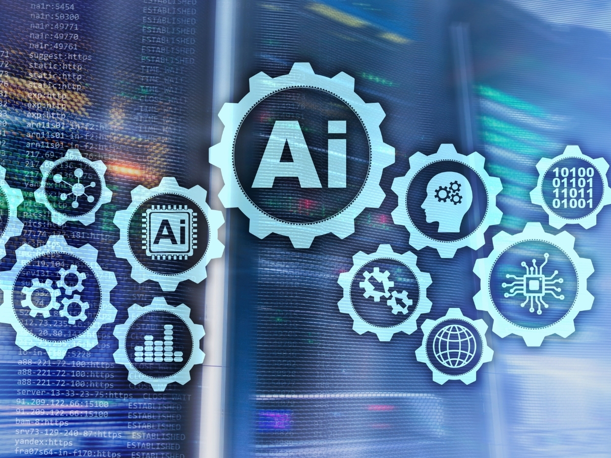 Engrenages sur le thème de l'IA avec des icônes représentant l'automatisation, l'apprentissage automatique et le traitement des données.