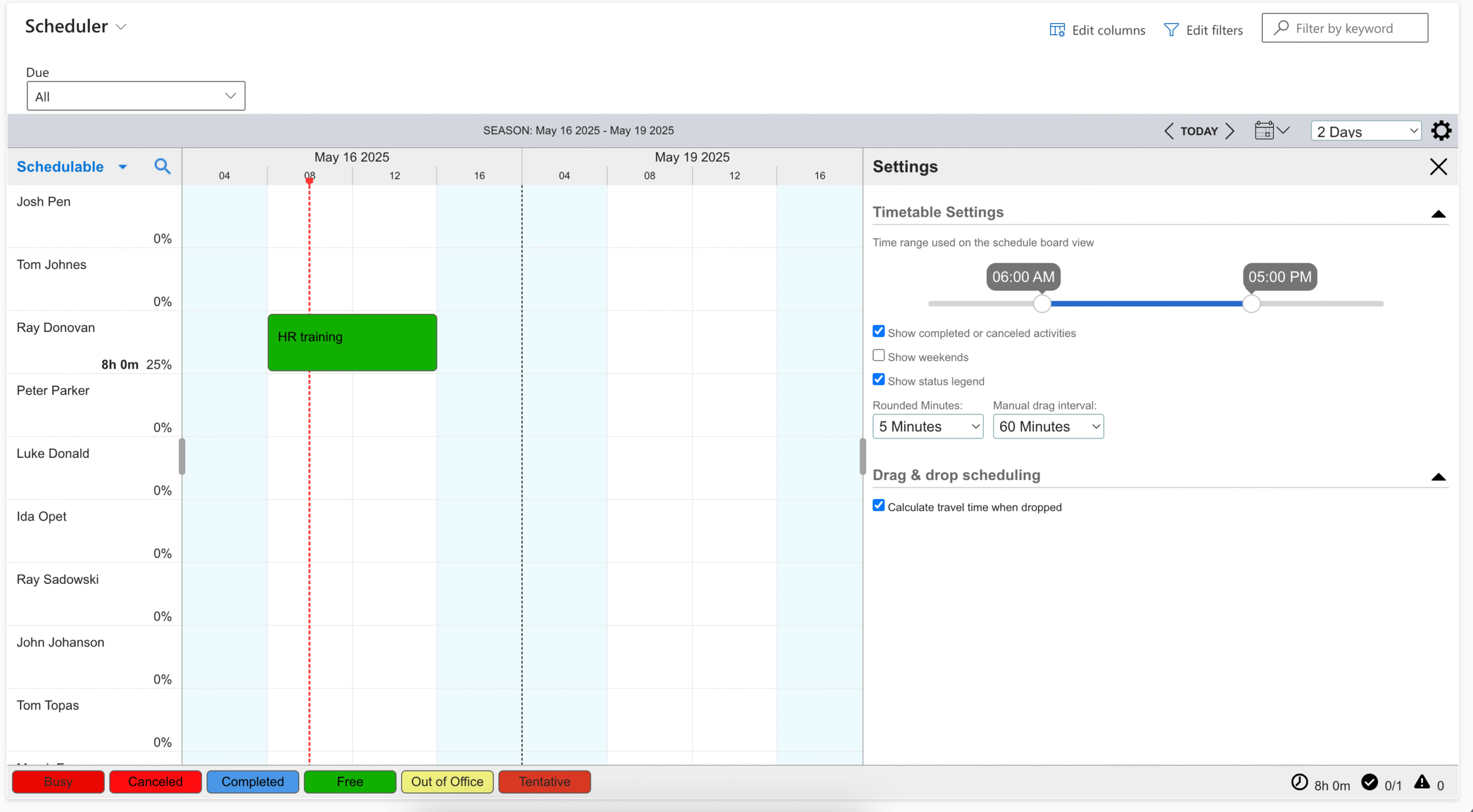 PCF Scheduler Onboarding employees detail