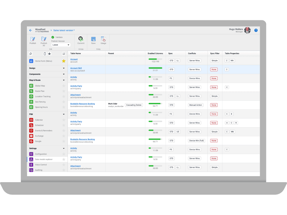 Resco Power Components app showcasing Woodford on laptop