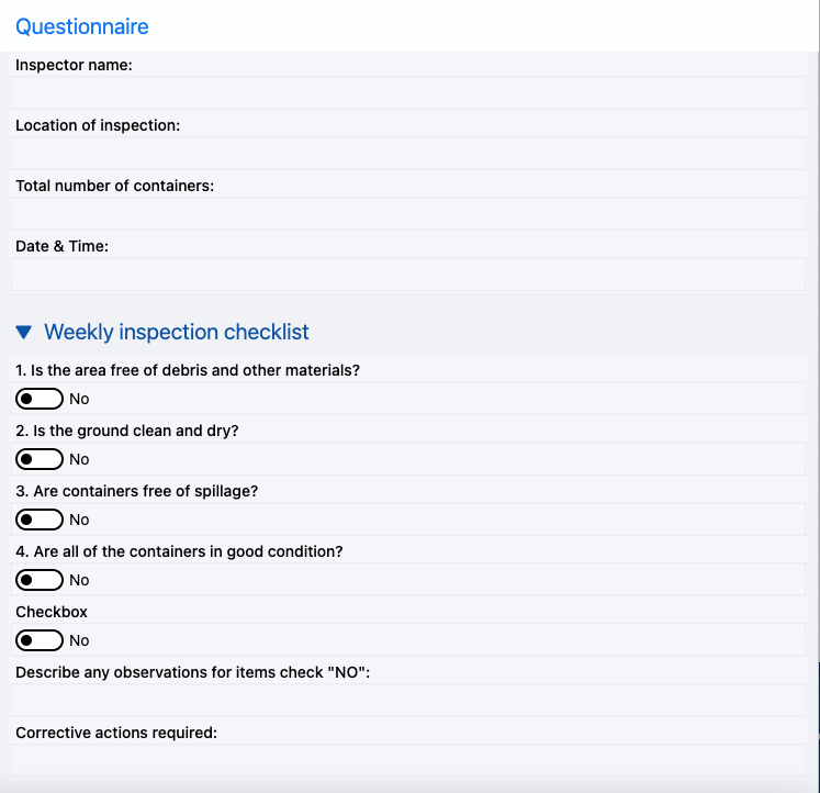 Screenshot of a empty Hazardous Waste Storage Area Inspection Checklist.
