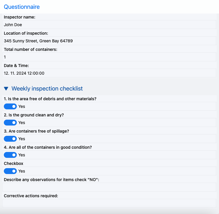 Screenshot of a completed Hazardous Waste Storage Area Inspection Checklist