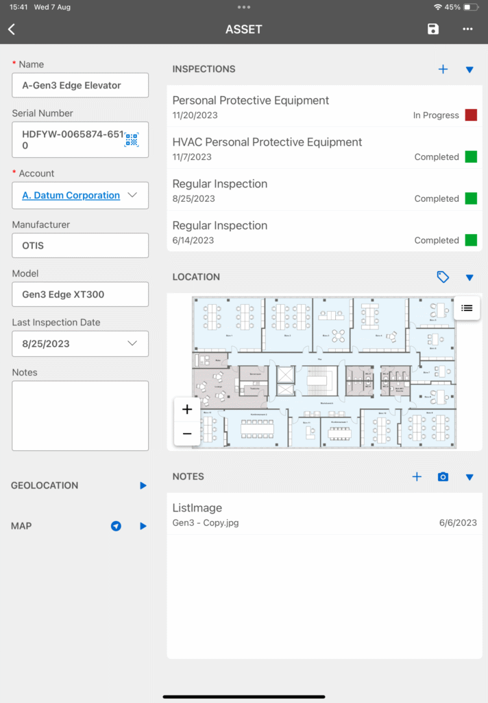 Inspections+ mobile form with location map