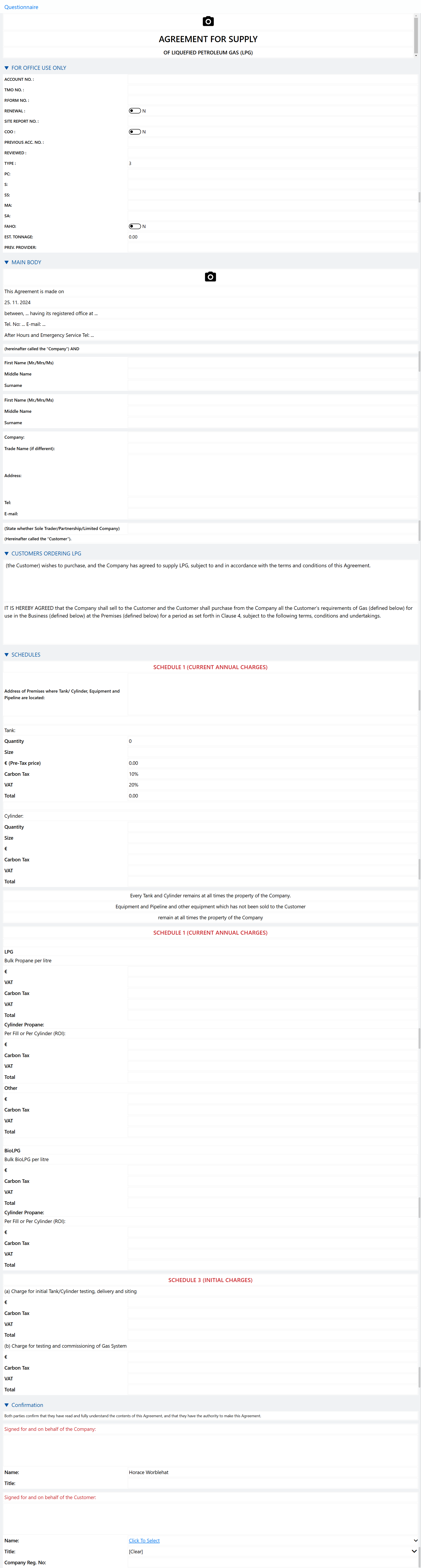 Printscreen of empty LPG supply agreement checklist.