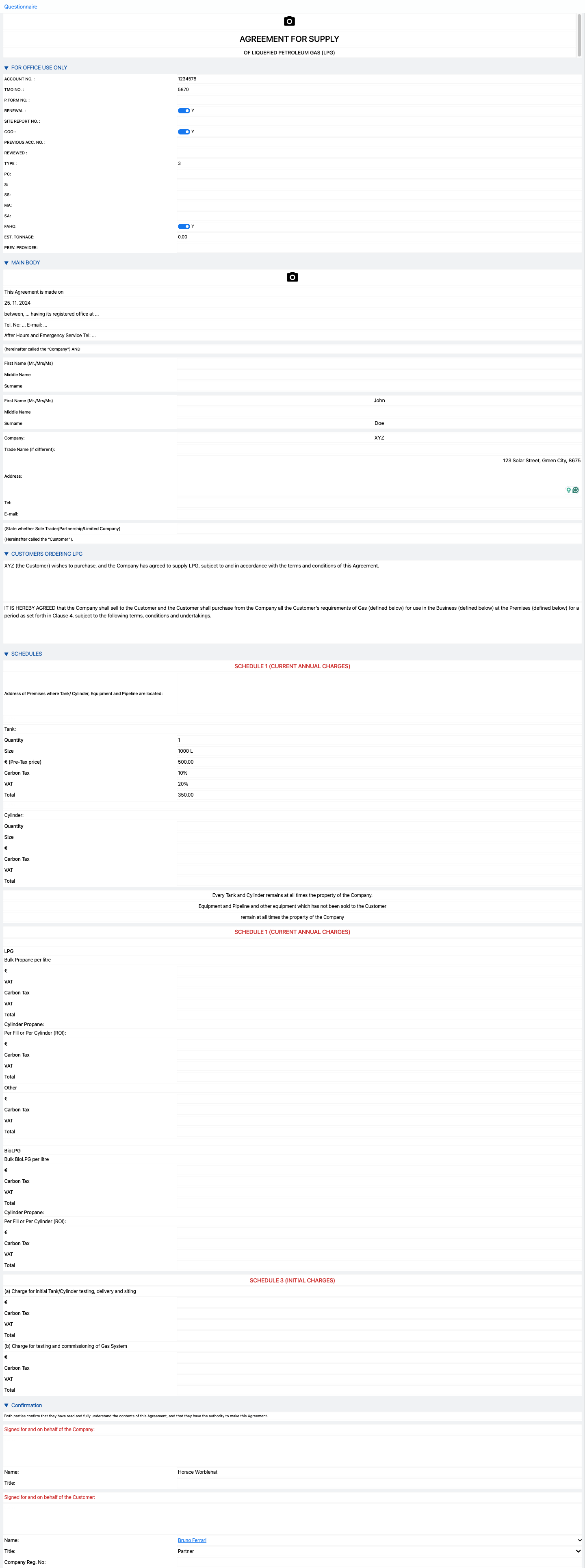 Printscreen of filled out LPG supply agreement checklist.