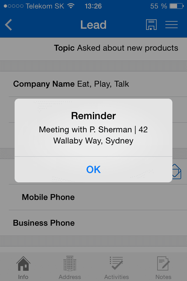 Pop-up reminder within Resco Mobile CRM