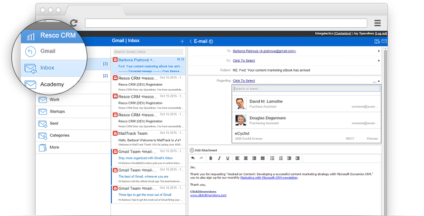 Work with your emails directly in your Resco CRM organization
